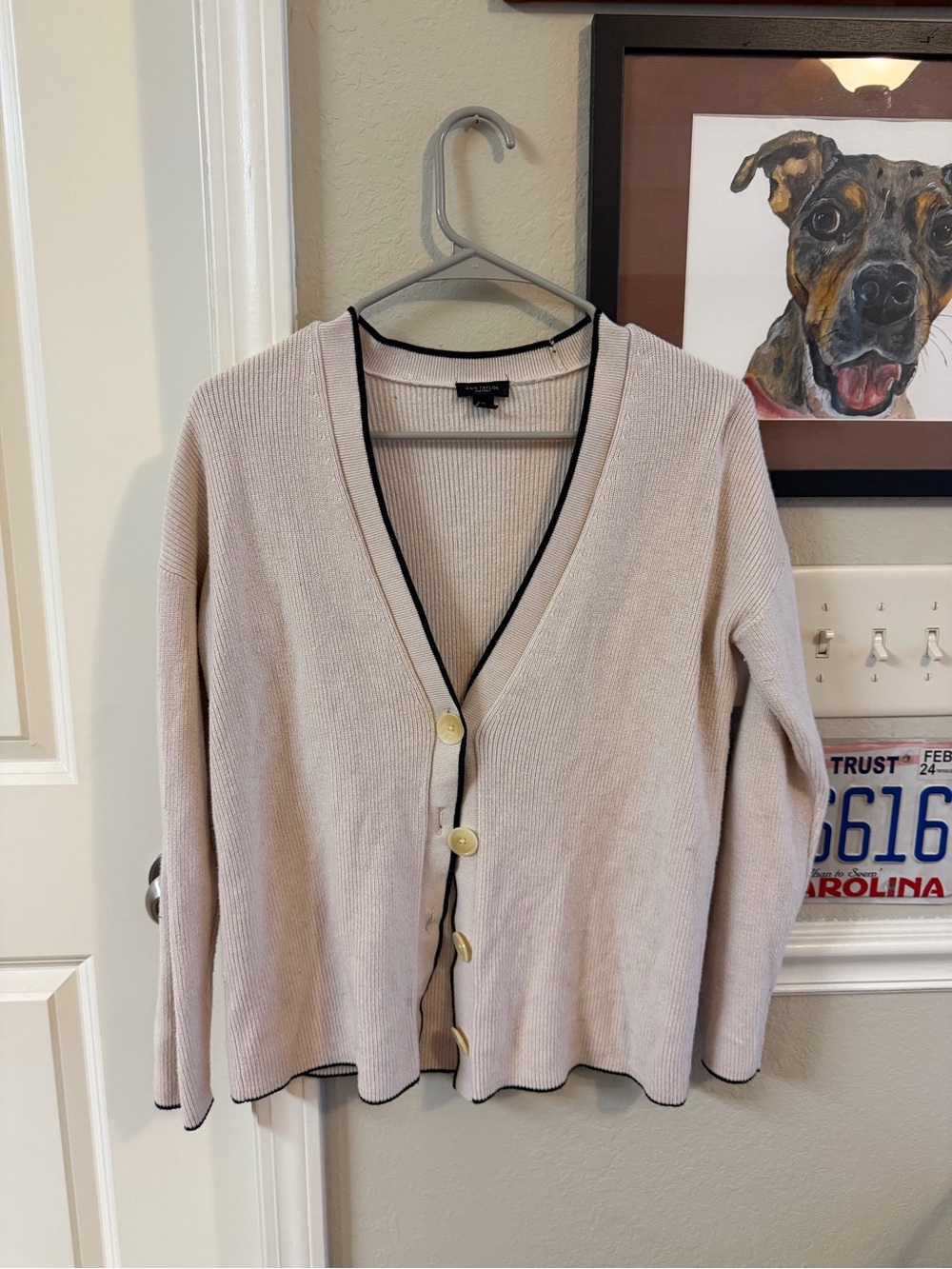 Ann Taylor Cream V-Neck Cardigan with Black Trim